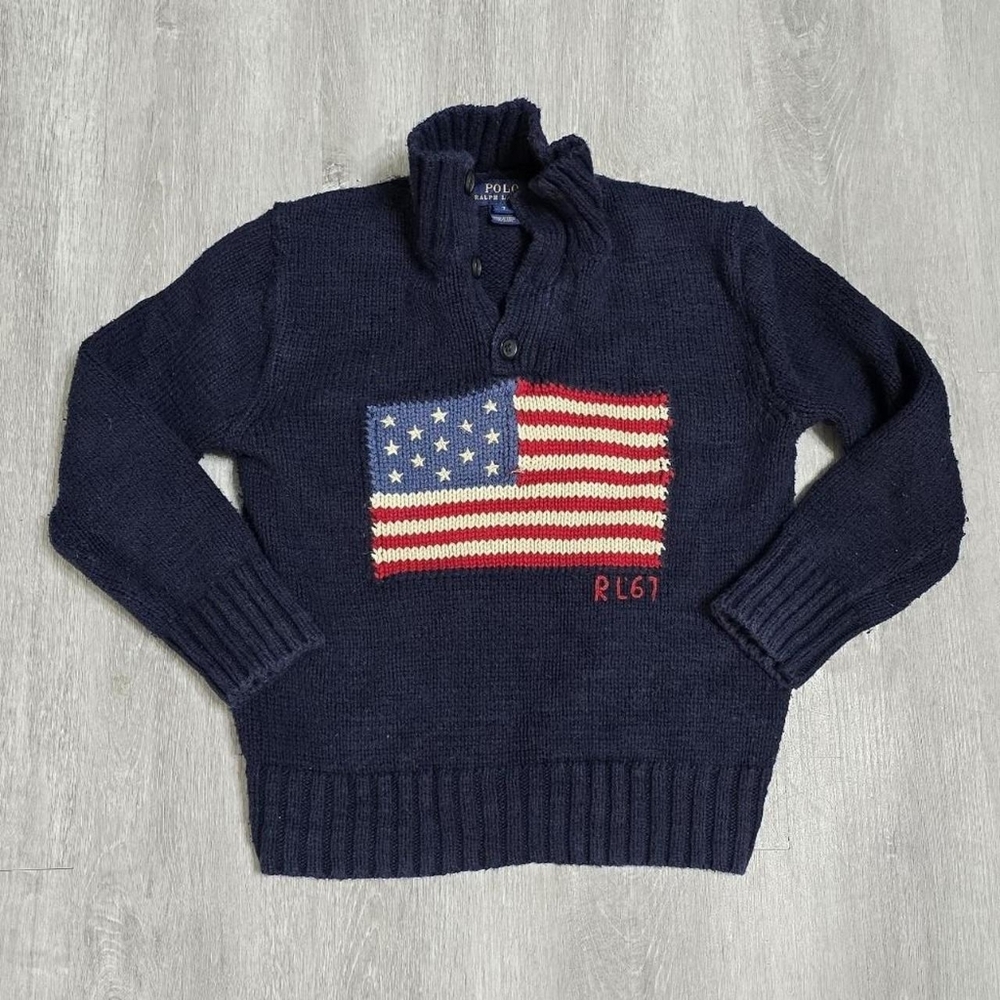 Vintage Polo Ralph Lauren Boys Youth American Flag Button Mock Neck Knit Sweater
